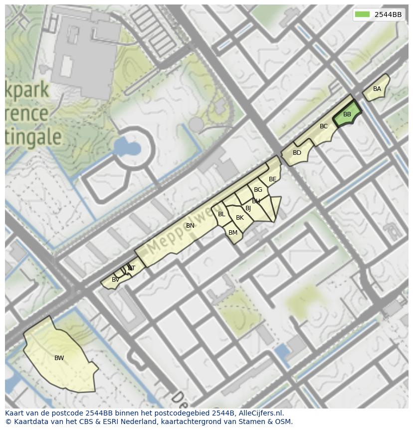 Afbeelding van het postcodegebied 2544 BB op de kaart.