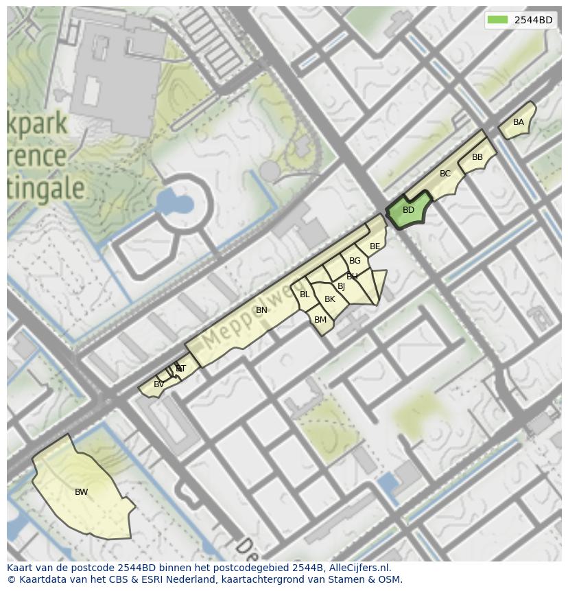 Afbeelding van het postcodegebied 2544 BD op de kaart.