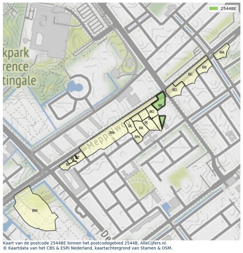 Afbeelding van het postcodegebied 2544 BE op de kaart.