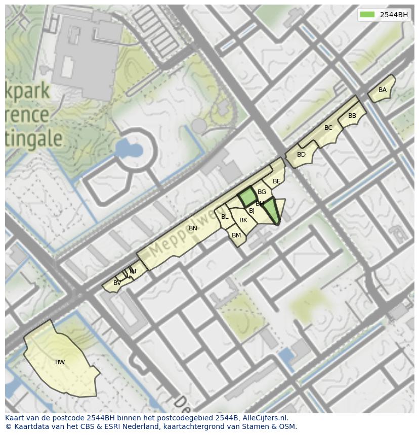 Afbeelding van het postcodegebied 2544 BH op de kaart.