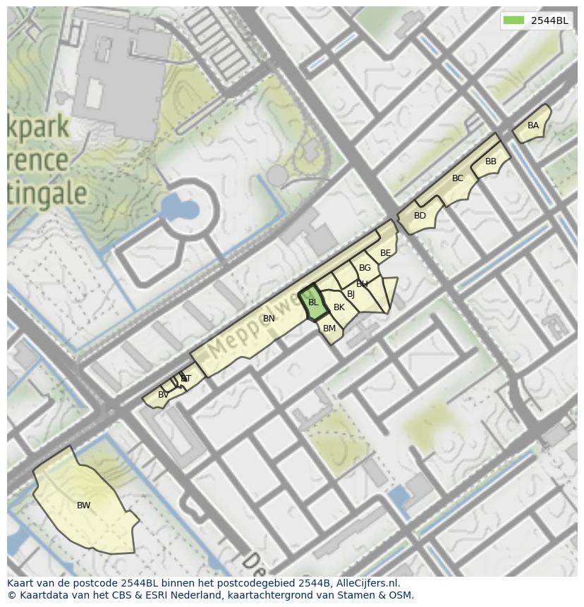 Afbeelding van het postcodegebied 2544 BL op de kaart.