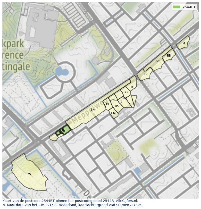 Afbeelding van het postcodegebied 2544 BT op de kaart.