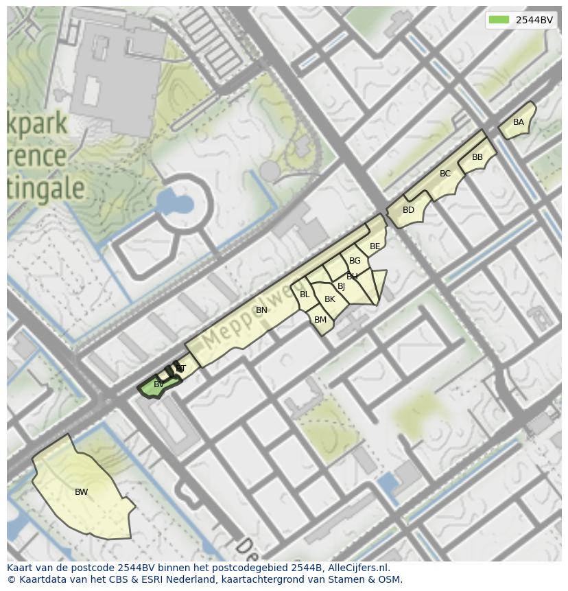 Afbeelding van het postcodegebied 2544 BV op de kaart.