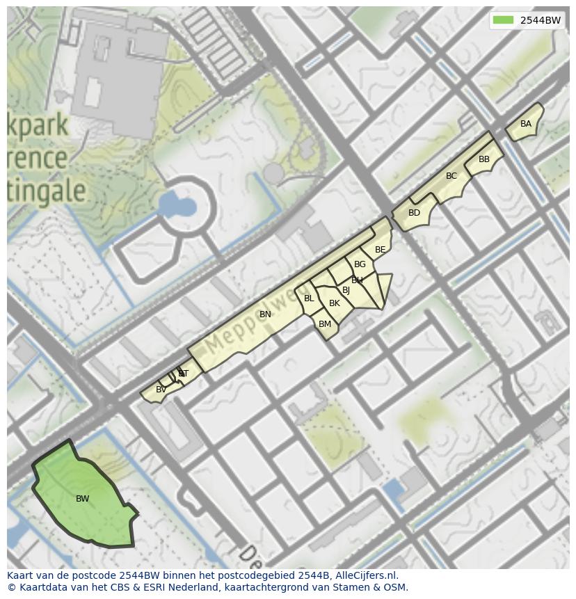 Afbeelding van het postcodegebied 2544 BW op de kaart.