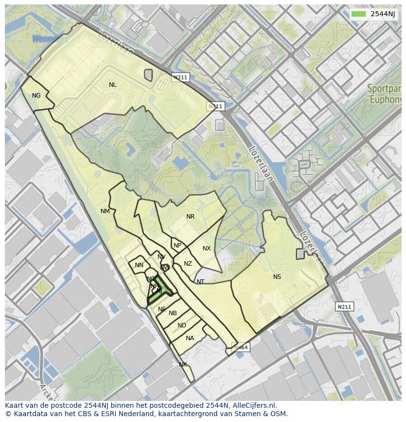 Afbeelding van het postcodegebied 2544 NJ op de kaart.