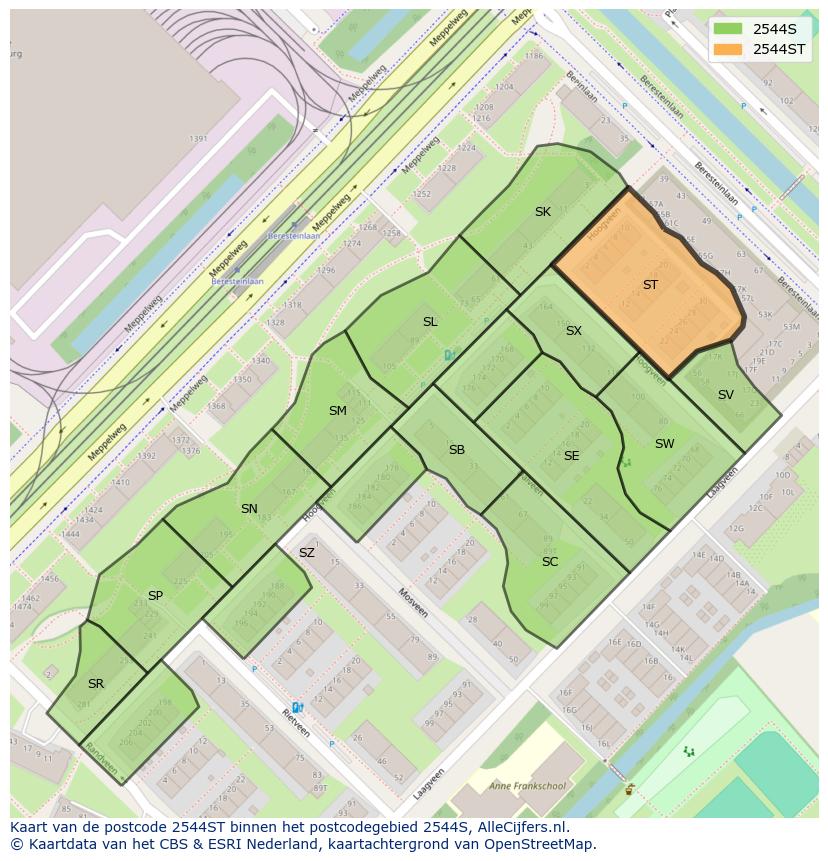 Afbeelding van het postcodegebied 2544 ST op de kaart.