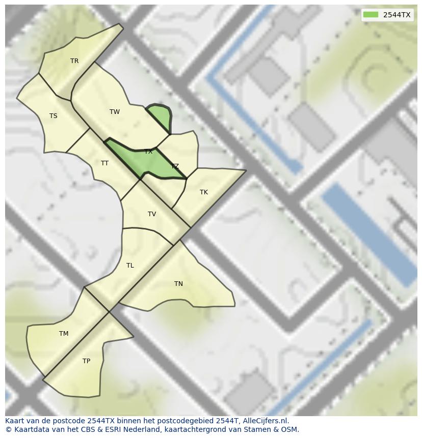 Afbeelding van het postcodegebied 2544 TX op de kaart.