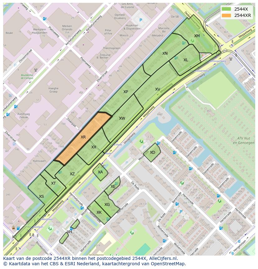 Afbeelding van het postcodegebied 2544 XR op de kaart.
