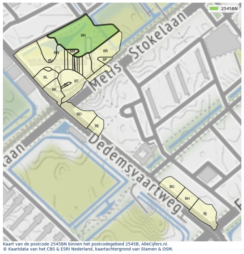 Afbeelding van het postcodegebied 2545 BN op de kaart.
