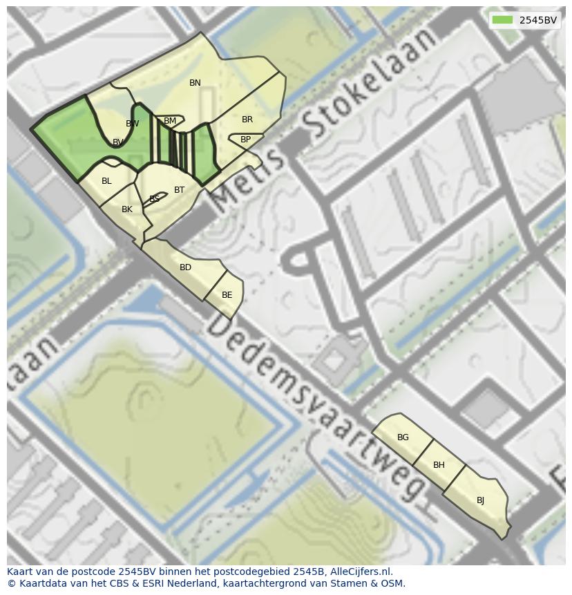 Afbeelding van het postcodegebied 2545 BV op de kaart.