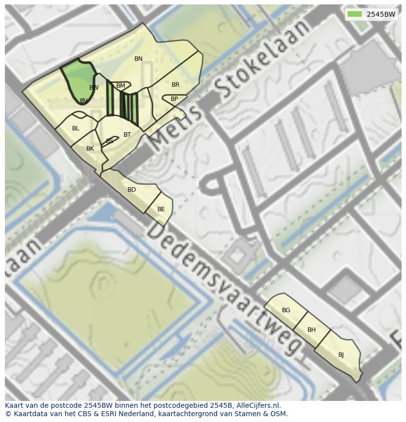 Afbeelding van het postcodegebied 2545 BW op de kaart.