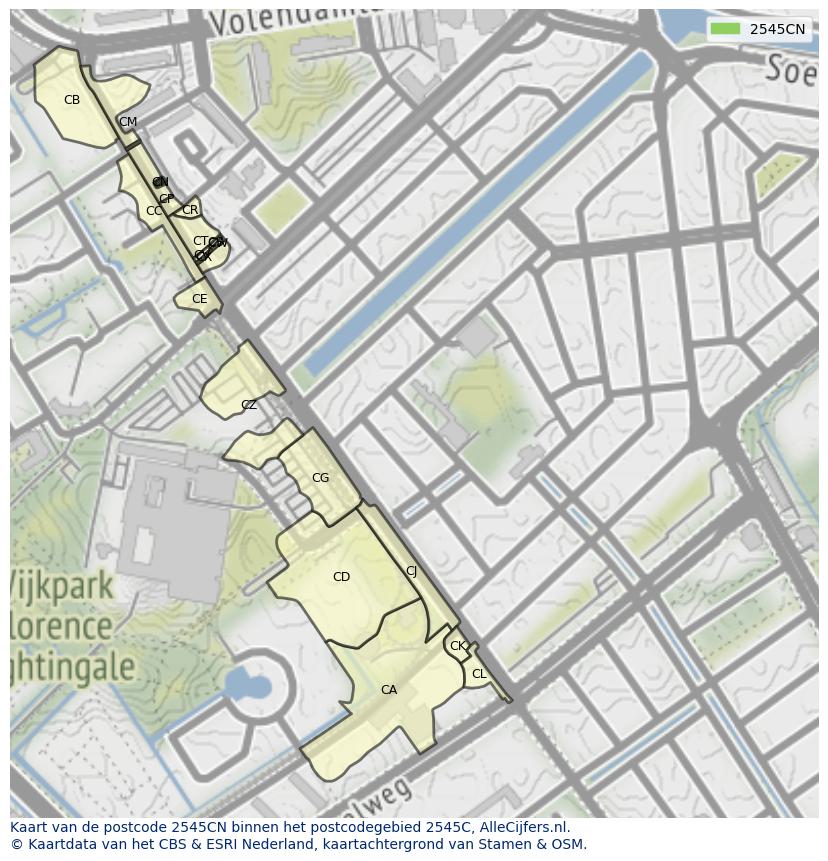 Afbeelding van het postcodegebied 2545 CN op de kaart.