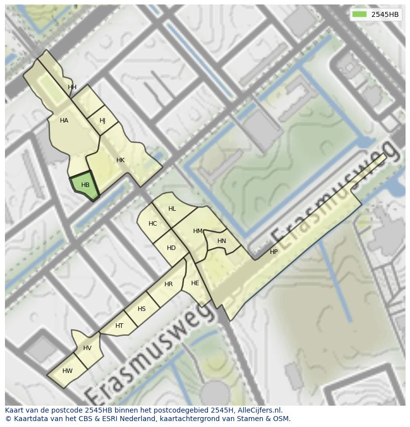 Afbeelding van het postcodegebied 2545 HB op de kaart.