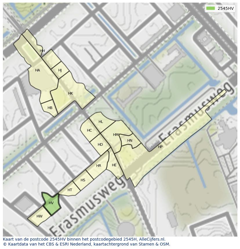 Afbeelding van het postcodegebied 2545 HV op de kaart.