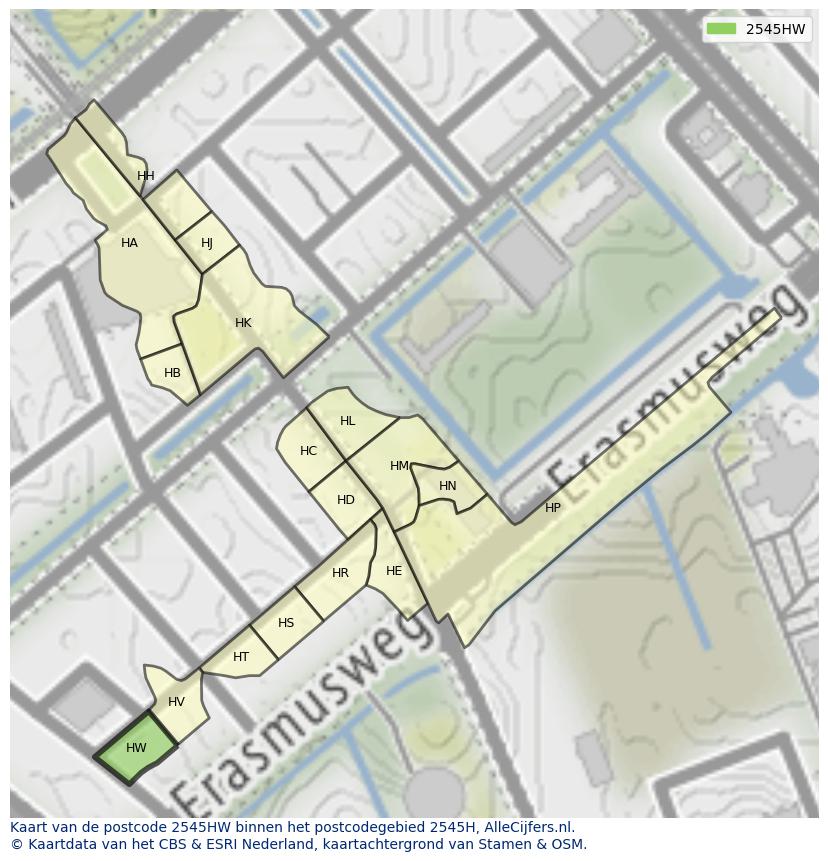 Afbeelding van het postcodegebied 2545 HW op de kaart.