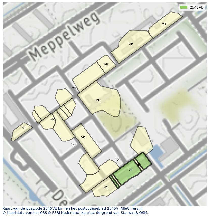 Afbeelding van het postcodegebied 2545 VE op de kaart.
