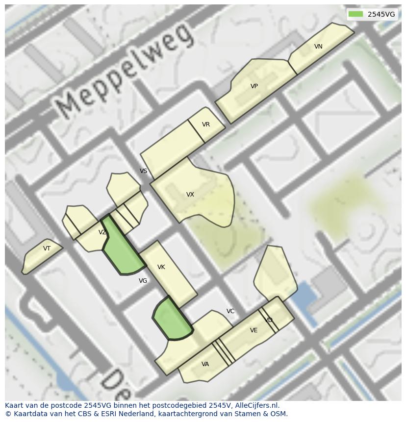 Afbeelding van het postcodegebied 2545 VG op de kaart.