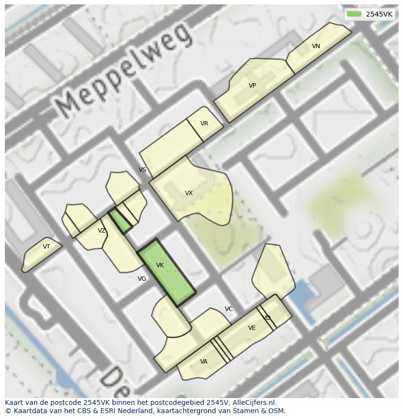 Afbeelding van het postcodegebied 2545 VK op de kaart.