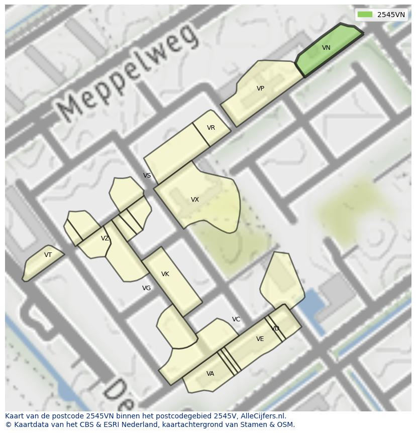 Afbeelding van het postcodegebied 2545 VN op de kaart.