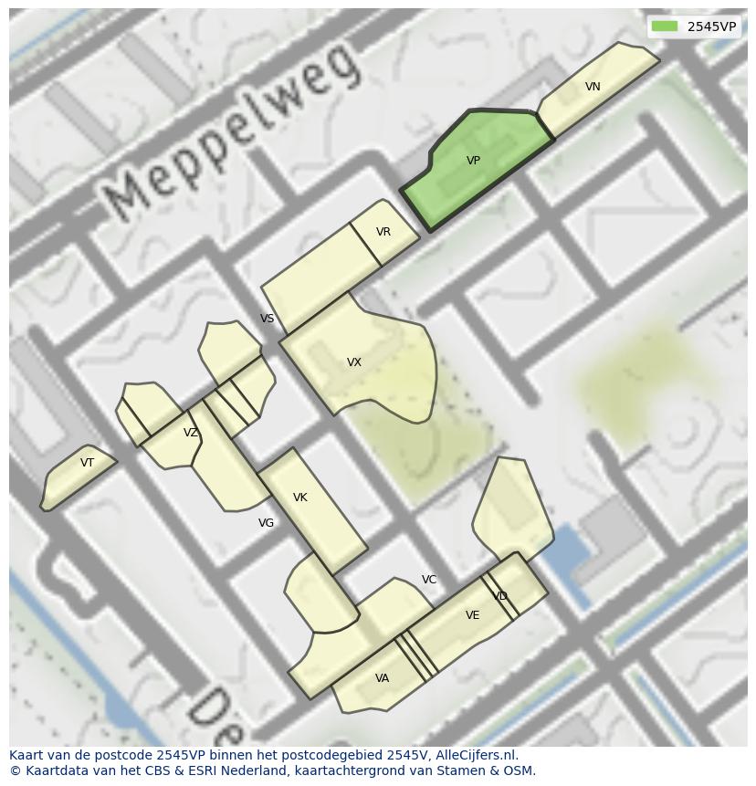 Afbeelding van het postcodegebied 2545 VP op de kaart.