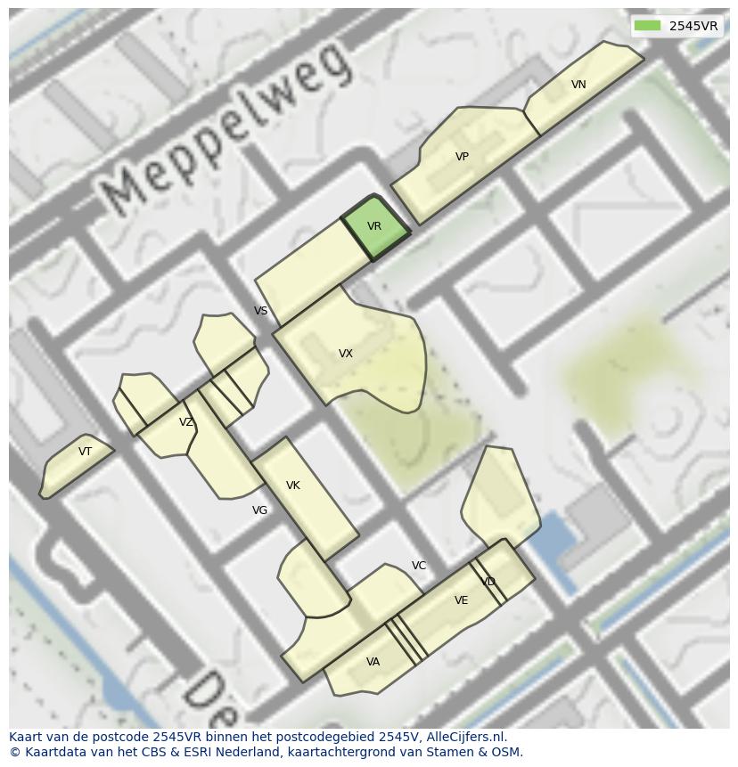 Afbeelding van het postcodegebied 2545 VR op de kaart.