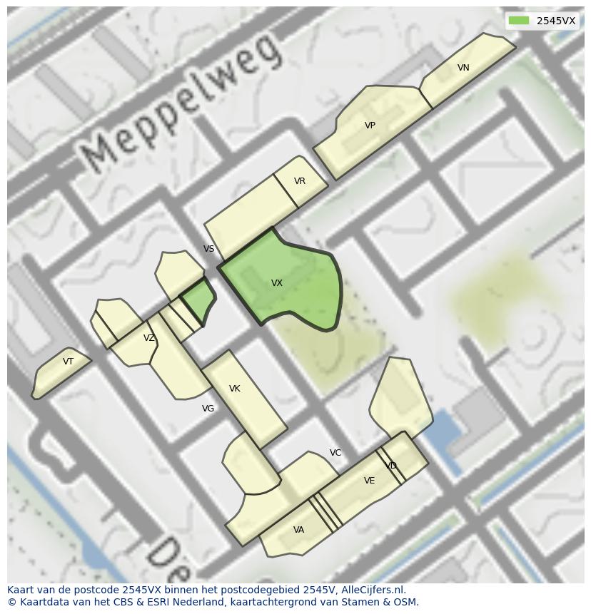 Afbeelding van het postcodegebied 2545 VX op de kaart.