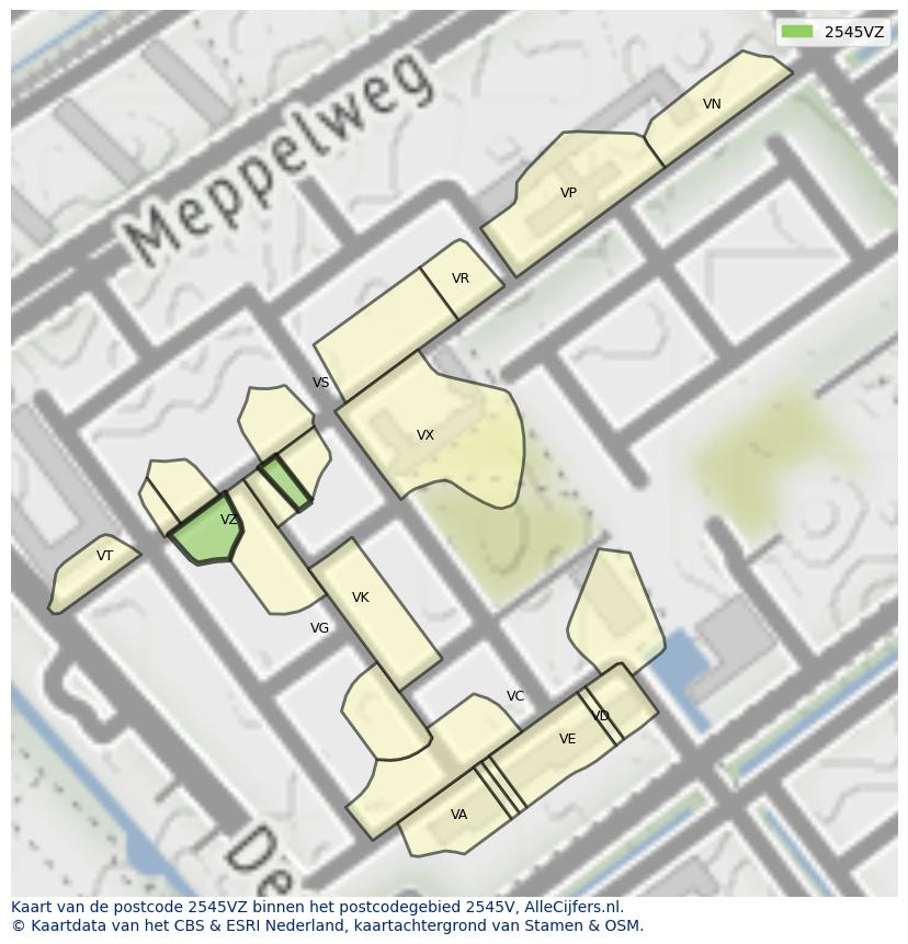 Afbeelding van het postcodegebied 2545 VZ op de kaart.
