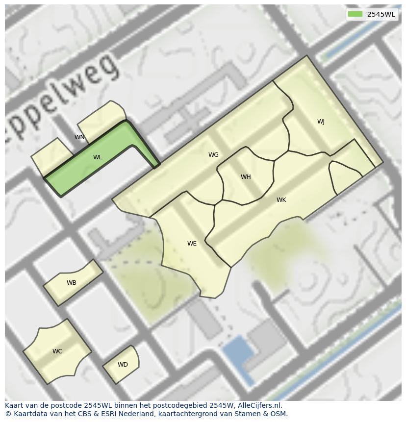 Afbeelding van het postcodegebied 2545 WL op de kaart.