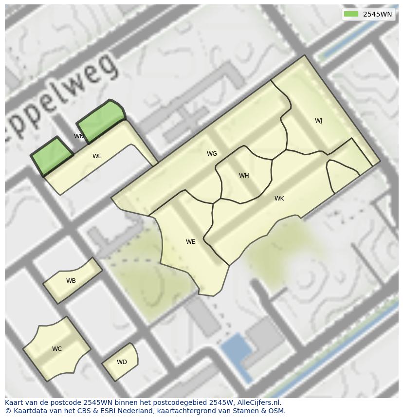 Afbeelding van het postcodegebied 2545 WN op de kaart.