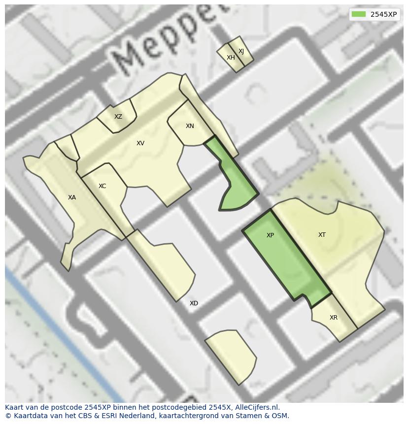 Afbeelding van het postcodegebied 2545 XP op de kaart.