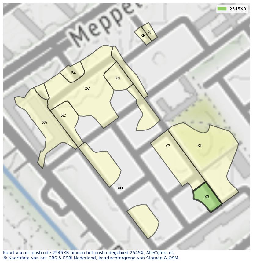 Afbeelding van het postcodegebied 2545 XR op de kaart.