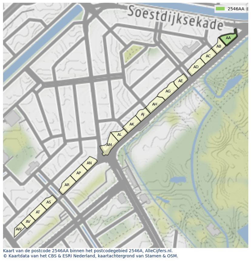Afbeelding van het postcodegebied 2546 AA op de kaart.