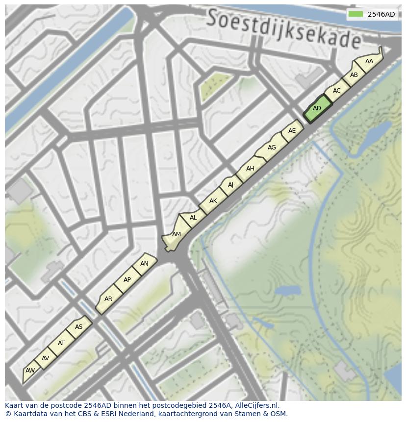 Afbeelding van het postcodegebied 2546 AD op de kaart.