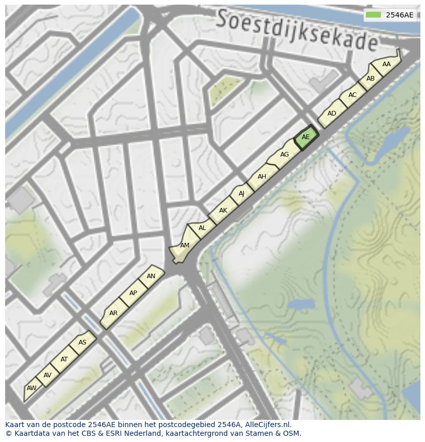Afbeelding van het postcodegebied 2546 AE op de kaart.