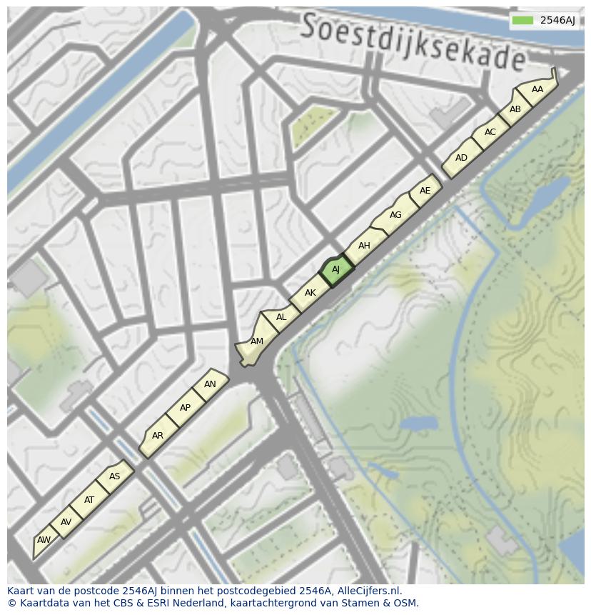 Afbeelding van het postcodegebied 2546 AJ op de kaart.