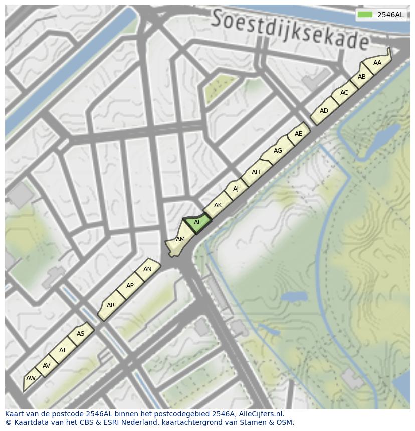 Afbeelding van het postcodegebied 2546 AL op de kaart.