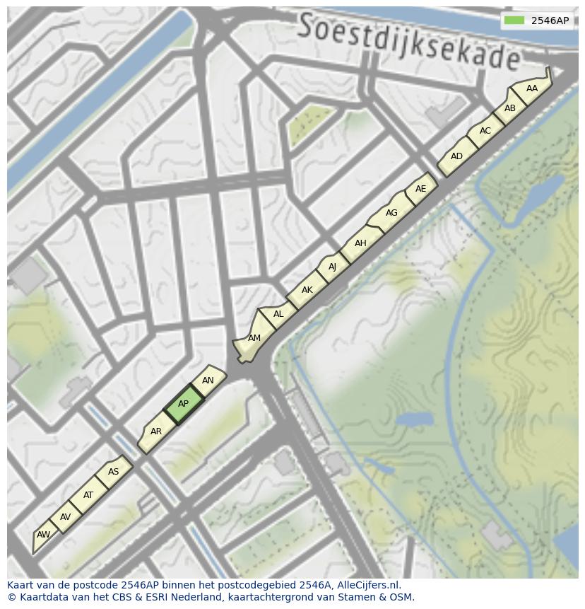 Afbeelding van het postcodegebied 2546 AP op de kaart.