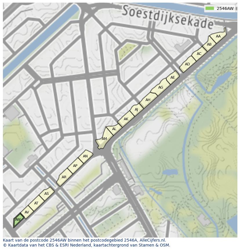 Afbeelding van het postcodegebied 2546 AW op de kaart.