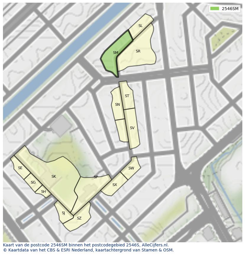 Afbeelding van het postcodegebied 2546 SM op de kaart.