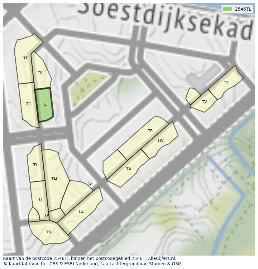 Afbeelding van het postcodegebied 2546 TL op de kaart.