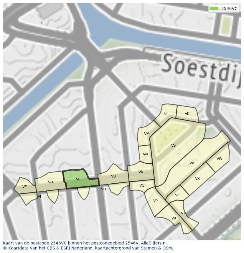 Afbeelding van het postcodegebied 2546 VC op de kaart.