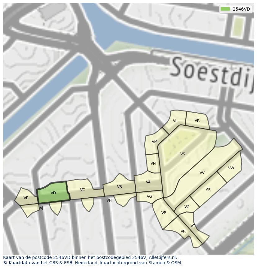 Afbeelding van het postcodegebied 2546 VD op de kaart.