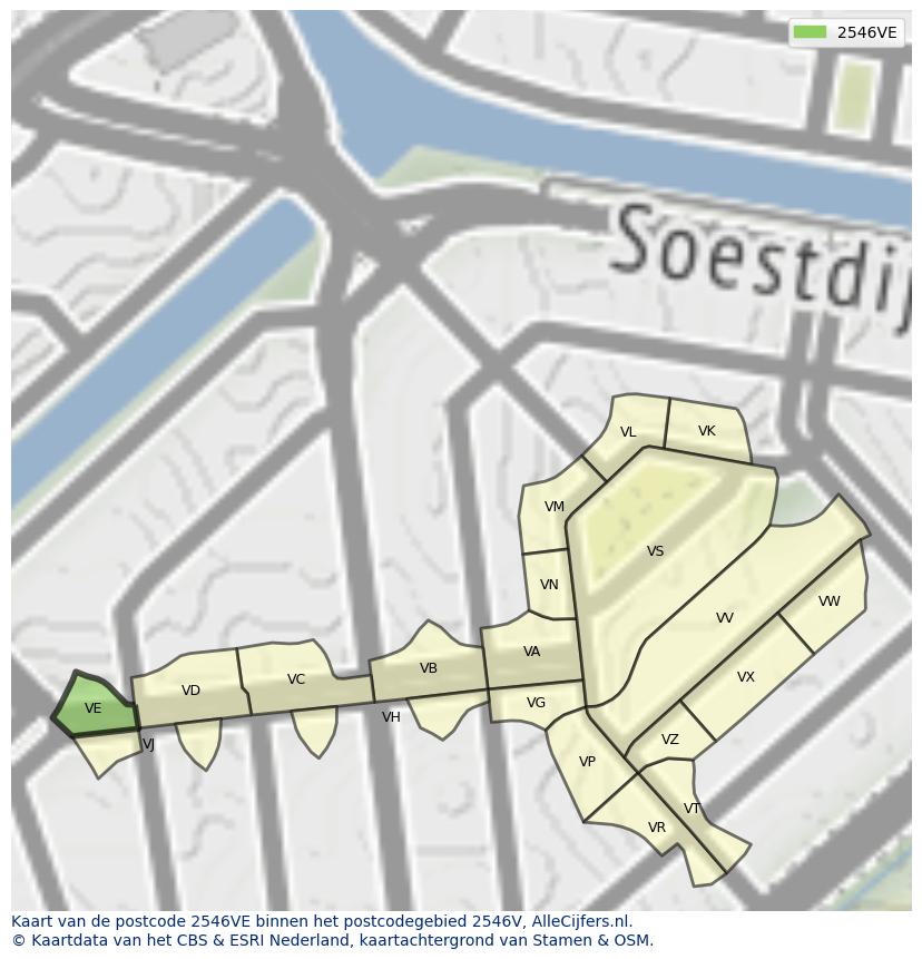 Afbeelding van het postcodegebied 2546 VE op de kaart.