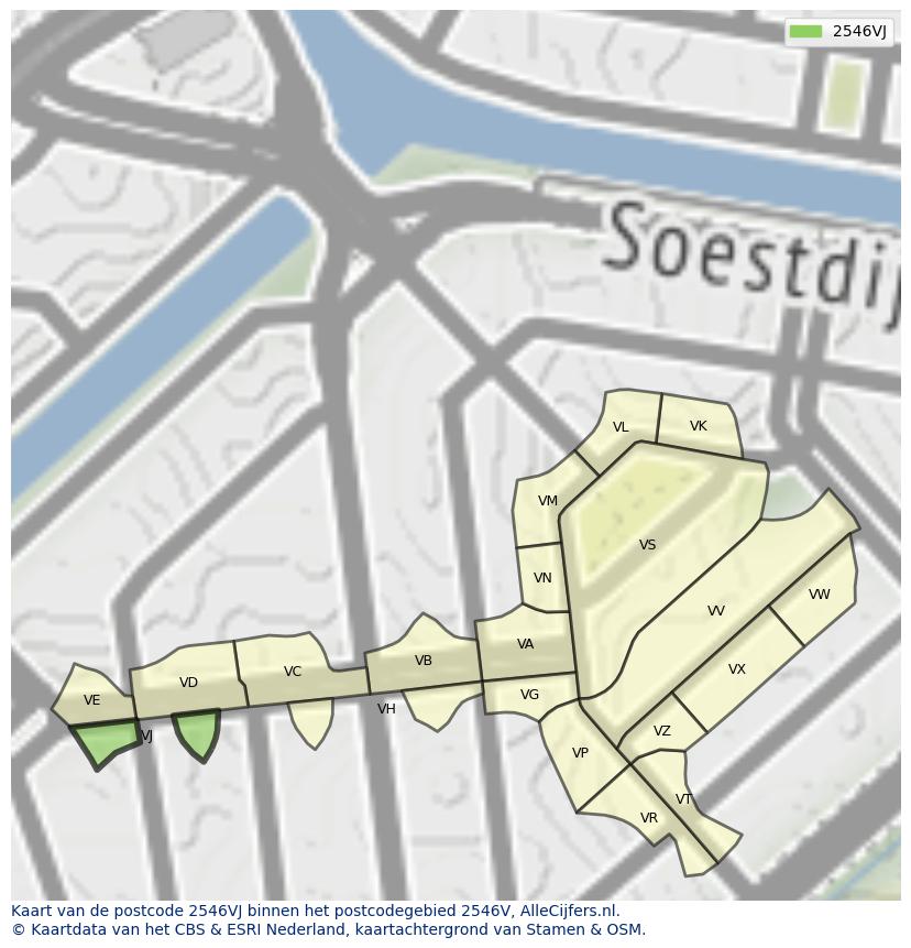 Afbeelding van het postcodegebied 2546 VJ op de kaart.