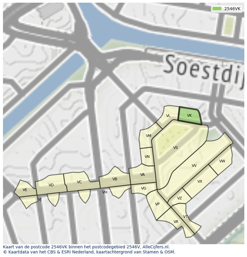 Afbeelding van het postcodegebied 2546 VK op de kaart.