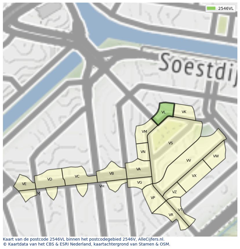 Afbeelding van het postcodegebied 2546 VL op de kaart.