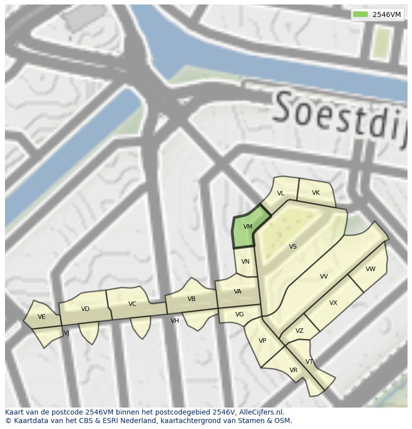 Afbeelding van het postcodegebied 2546 VM op de kaart.