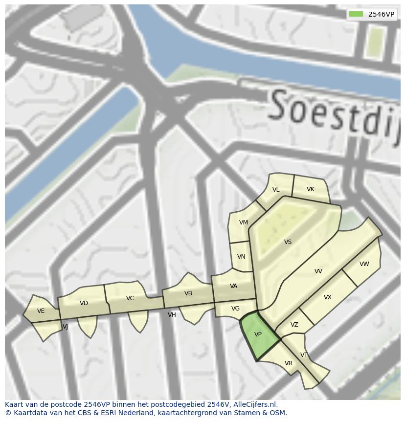 Afbeelding van het postcodegebied 2546 VP op de kaart.