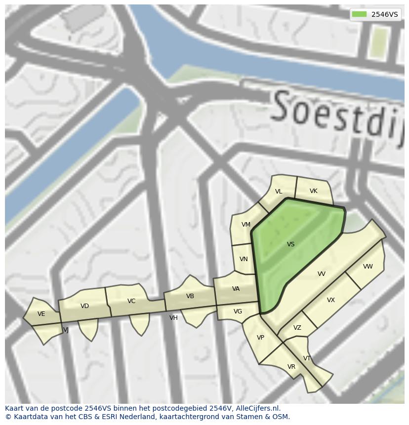 Afbeelding van het postcodegebied 2546 VS op de kaart.