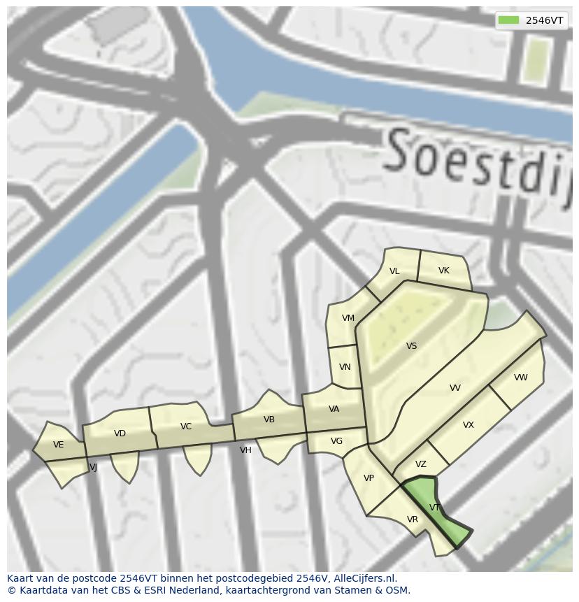 Afbeelding van het postcodegebied 2546 VT op de kaart.